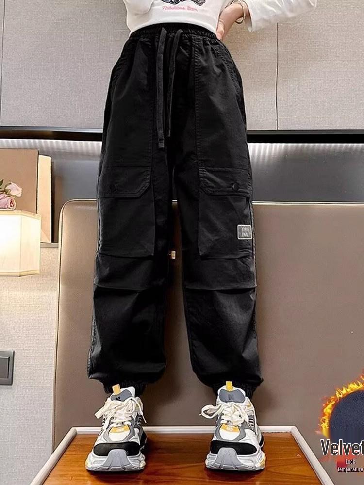 2025 Girls' Plus Velvet Cargo Pants - Elastic Ankle, Loose Fit, Autumn/Winter Comfort for Children