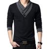 T-shirt da uomo a maniche lunghe slim fit, T-shirt con colletto patchwork, T-shirt da uomo con scollo a V, T-shirt in cotone