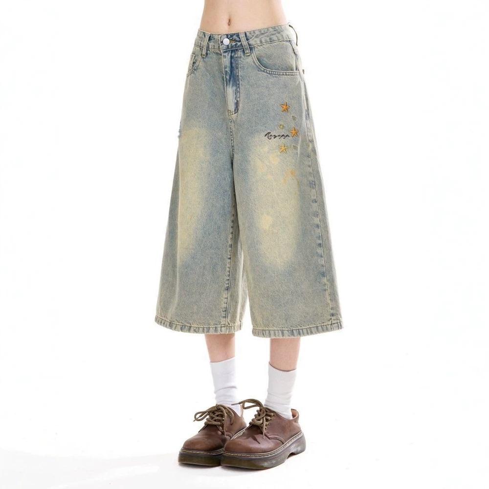 Women's High Waisted Vintage Washed Denim Capri Pants Loose Wide Leg Cropped Jeans with Star Embroidery