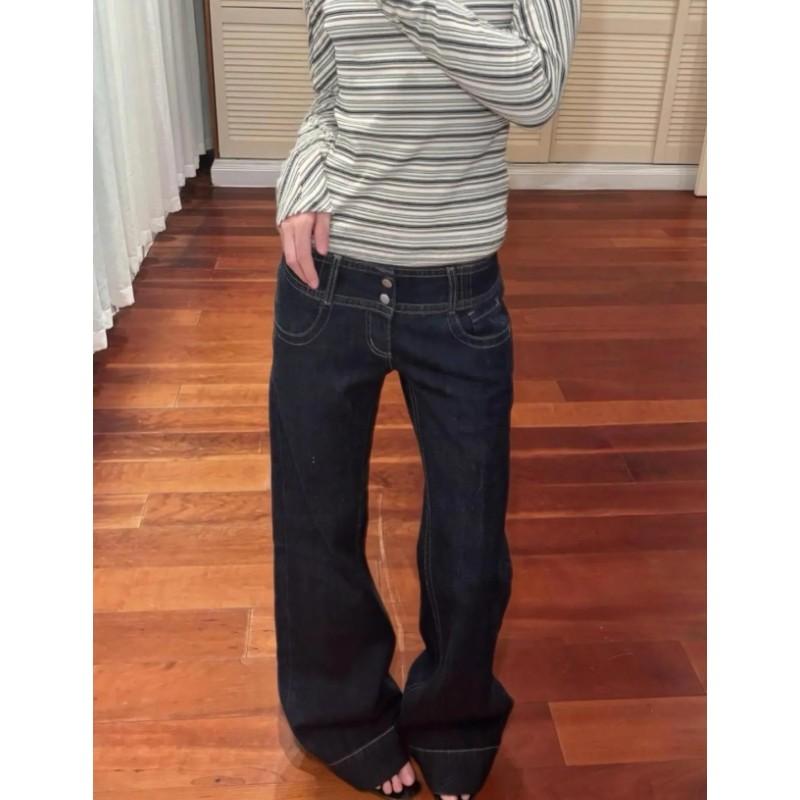 Damen Frühlings-Übergröße Vintage-inspiriert Knopfleiste Gewaschene Jeanshose Niedrige Leibhöhe Gerade Beine Lockerer Sitz Weiter Bein Hosen mit Tieferem Saum