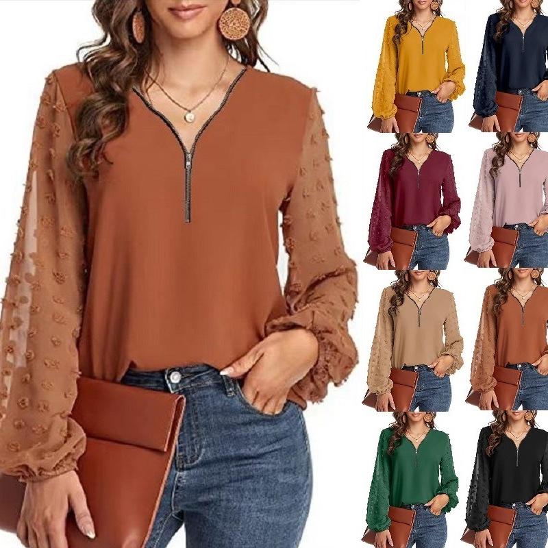 

2024 весна и лето, новый стиль, свободная шифоновая рубашка с v-образным вырезом на молнии и меховым шариком, женский топ с длинными рукавами