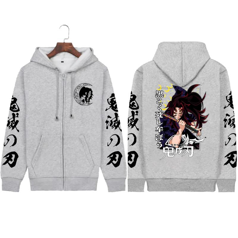 

Japan Anime Demon Slayer Kokushibo Printed Hooded Men Manga Zipper Hoodies Plus Size Sweatshirt Harajuku Male Zip Up Jacket 4XL серый