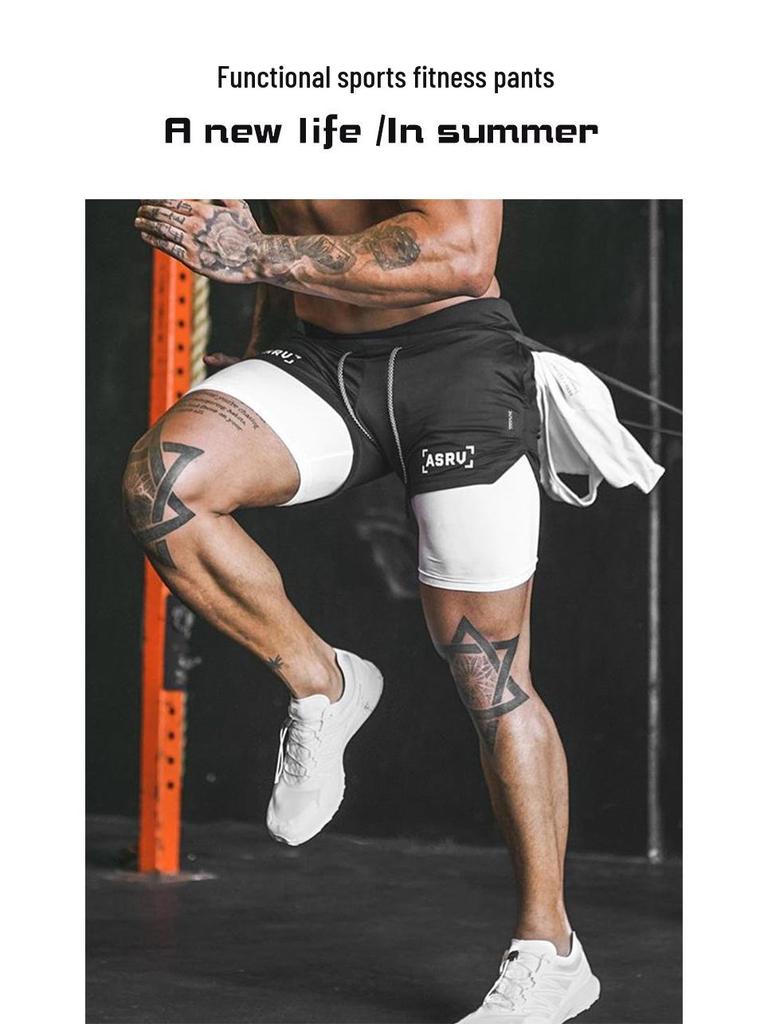 Shorts de Corrida ao Ar Livre Masculino Plus Size com Camada Dupla e Múltiplos Bolsos