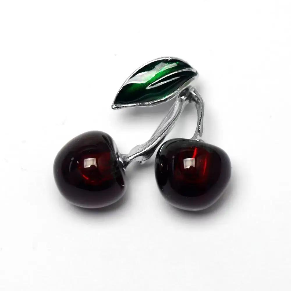 Dark Red Cherry Brooches for Women Clothing Cute Crystal Fruit Enamel Pins Party Jewelry Gifts