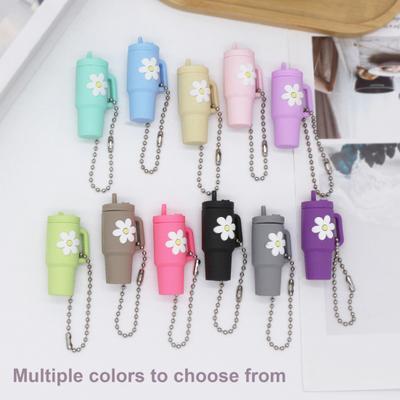 Milk Tea Cup Decoration Floral Print Keychain Pendant Food Grade Silicone Vibrant Color Mini Mug Shape Keychain Charm