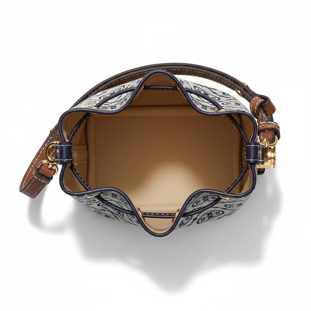 Tory Burch T Monogram Letter Pattern Metal Buckle Fabric And Leather Bucket Bag Mini Women Bags Navy-Blue Gray 181375-405