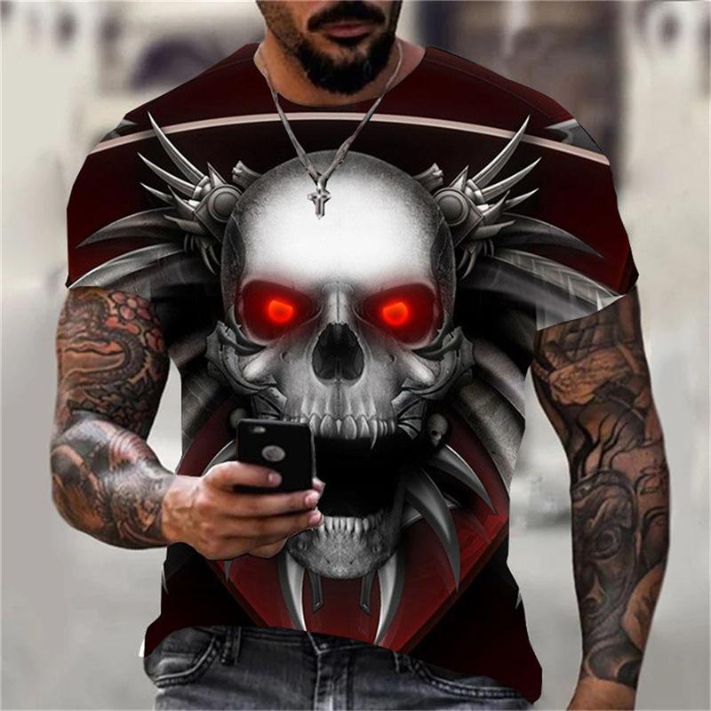 Summer Round Neck 3D Horror Skull Graphics Print Top Fashionable Casual Short Sleeved Men's T-shirts