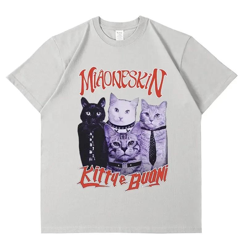 Rock band maneskin cat graphic t shirt men women vintage hip hop oversized cotton T-shirt Harajuku aesthetic T shirts streetwear