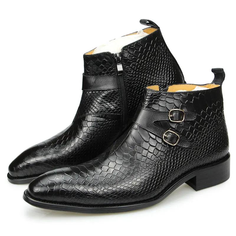 2024 Warm Autumn Cow  Ankle Zipper Boots Fashion Snake Print Good Quality Business Genuine Leather Dress Shoes for Men Red Black
