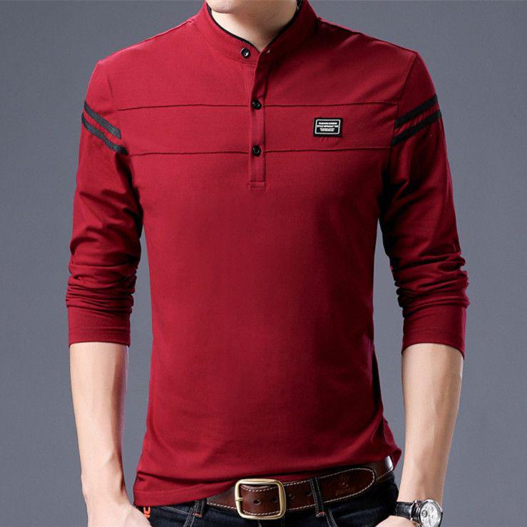 Men's Slim Fit Stand Collar Polo Shirt - Solid Color Long Sleeve for Spring & Autumn