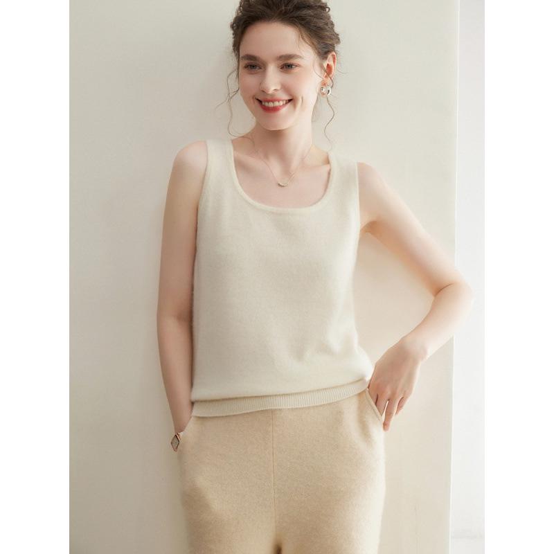 Little Goat 100% Pure Cashmere Women's Knit Vest - Baby Cashmere Warm Camisole, 12 Gauge, Plain Crew Neck