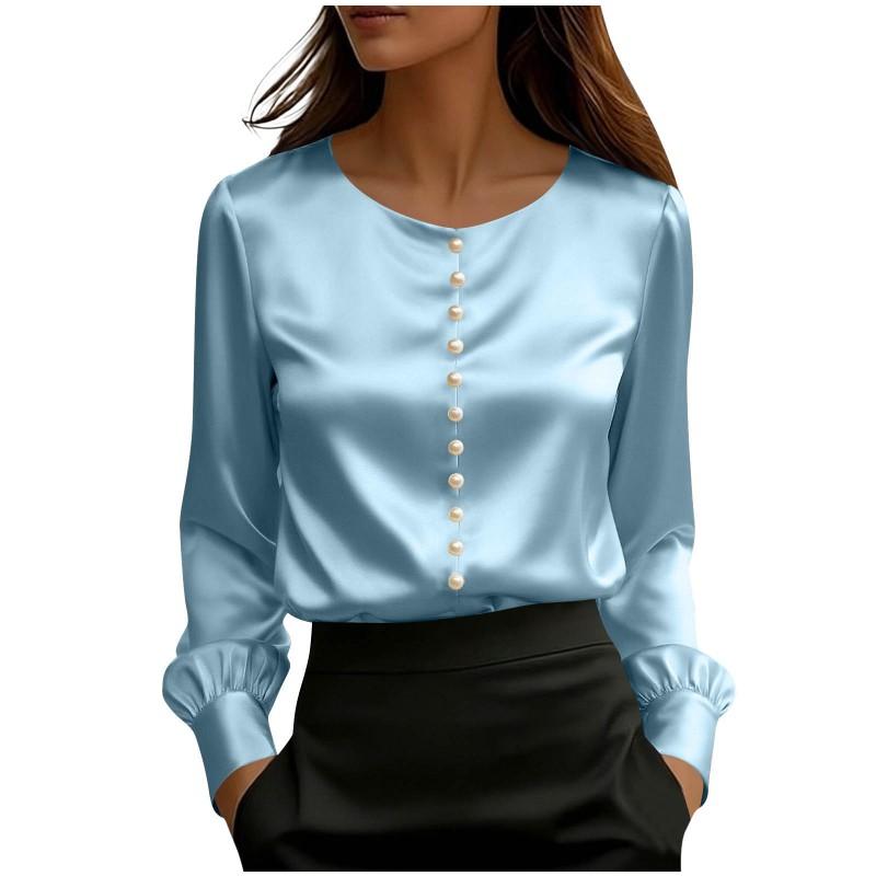 2026 Womens Satin Silk-Feel Short Sleeve T-Shirt With Pearl Embellished Round Neck Solid Color Casual Street Style