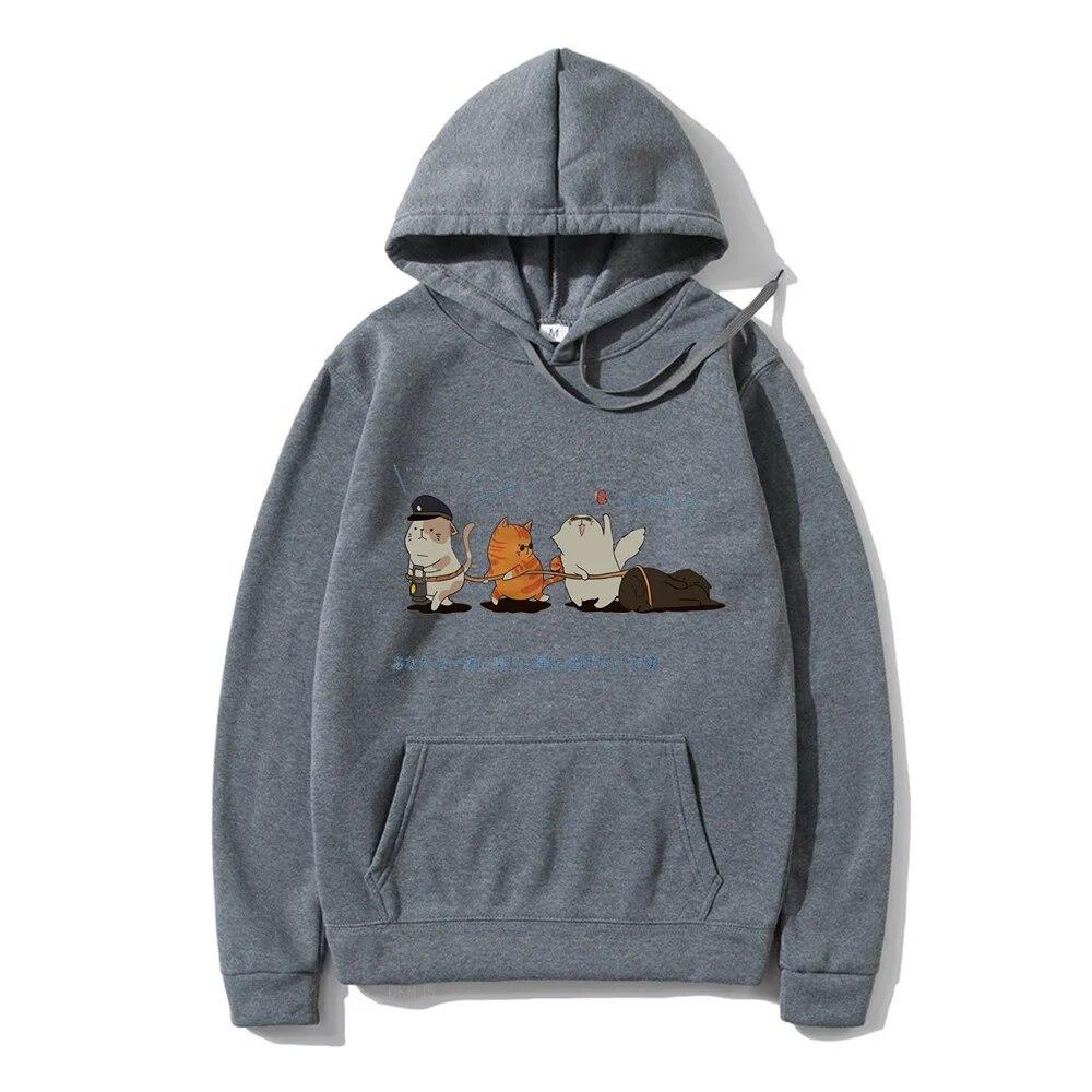 Men Hip Hop Unisex's Hoodies Streetwear Japanese Kanji Harajuku Funny Cat Unisex Hoodies Sweatshirts Autumn Winter Oversized Clothing