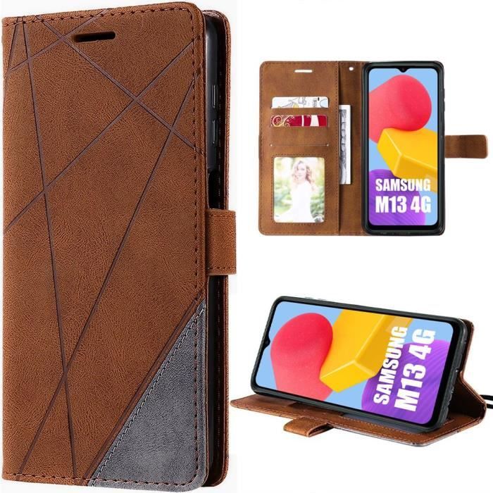 Coque pour samsung galaxy m13 - booling - rabat cuir synthétique intégral - marron - semi-rigide - silicone, pu