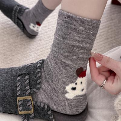 Herbst- und Wintersocken aus Wolle, Niedliche Cartoon-Socken mit rotem Hut-Hund, Mittelhoch, Verdickt und Warm, Schulstil-Frotteesocken