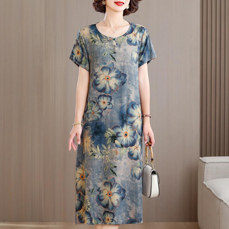 Elegant Long Dresses for Women Plus Size Loose Short Sleeve Vintage Dress Summer Middle-aged Women's Clothing