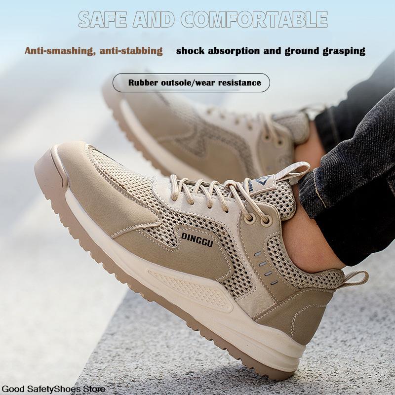 Calçados de segurança de malha respirável para homens, tênis de trabalho, calçados anti-esmagamento indestrutíveis, leves, com biqueira de aço, calçados de trabalho masculinos
