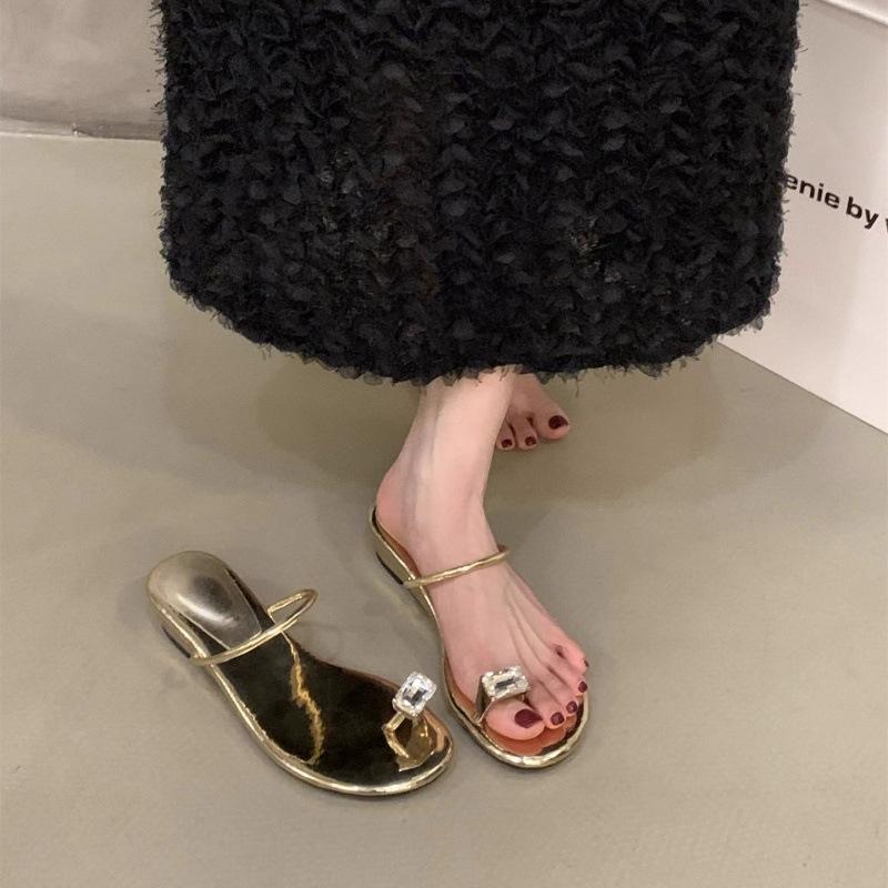 Slope Heel Rhinestone Pigeon Egg Cover Toe French Cool Slippers Women's 2025 Summer Shoes Outer Wear Temperament with Skirt Sandals