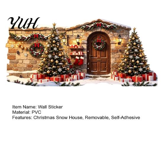Festive Window Decals Christmas Snow House Wall Sticker, Removable Self-Adhesive Party Scene Decal, PVC Waterproof Decorative Decal for Holiday