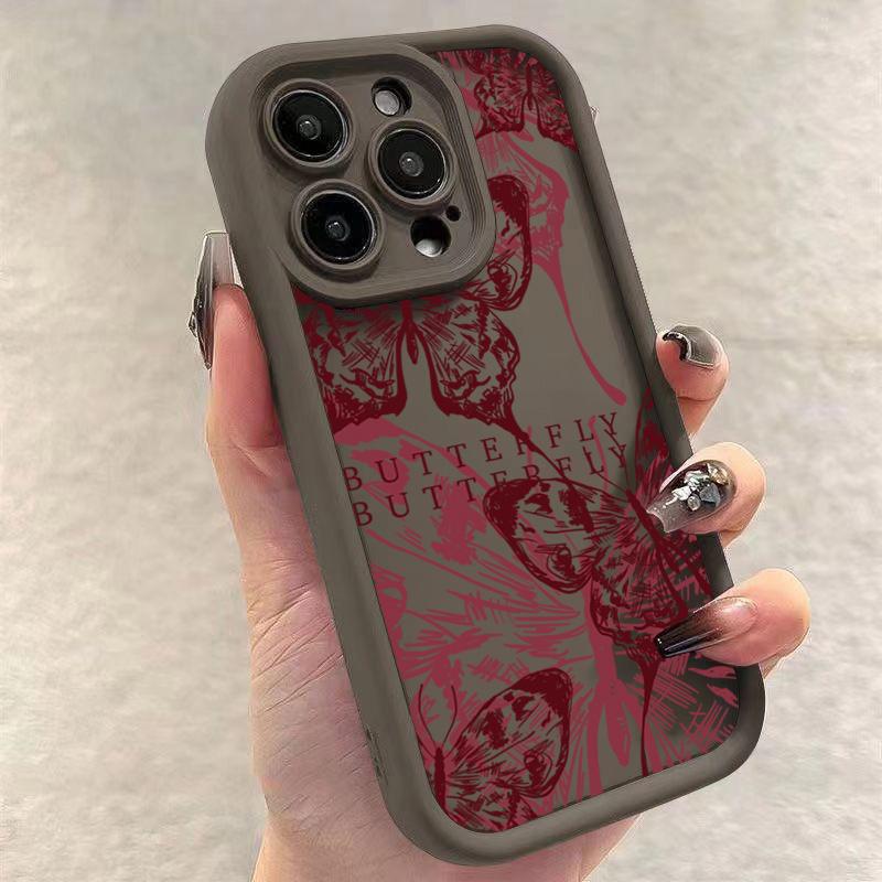 Trendy Butterfly Pattern Wine Red Shockproof Phone Case For iPhone 16 13 15 14 12 11 Pro Max X XR XS 7 8 15 Plus SE2 TPU Cover