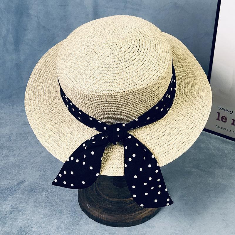 Flat top hat women's summer elegant polka dot straw hat seaside beach sun protection sun hat British top hat fresh sun hat