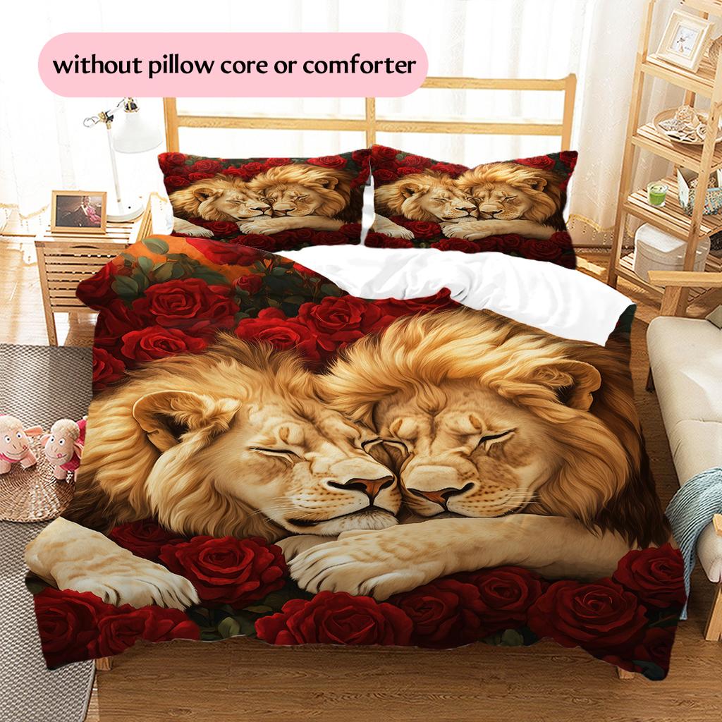 Lion and Rose Pattern Bedding Home Decoration Birthday Gift (1 * duvet cover + 2 * pillowcase, without core)