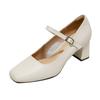 Leather square head shallow mouth high heels women's one-word buckle Mary Jane women's shoes with skirt spring and autumn French thick heel sing