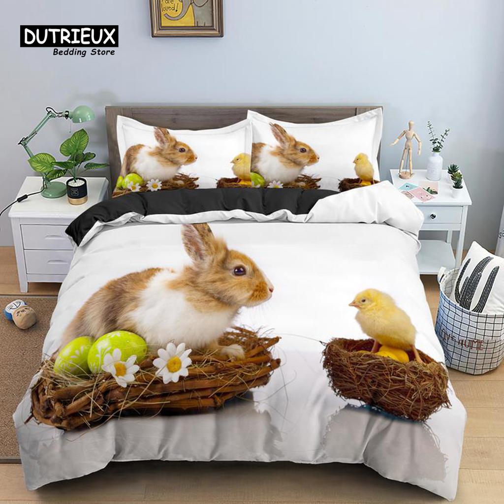 Soft Cartoon Pastoral Rabbit Duvet Cover Set Easter Eggs Print Bedding Set For Kids Child Microfiber Single King Comforter Cover