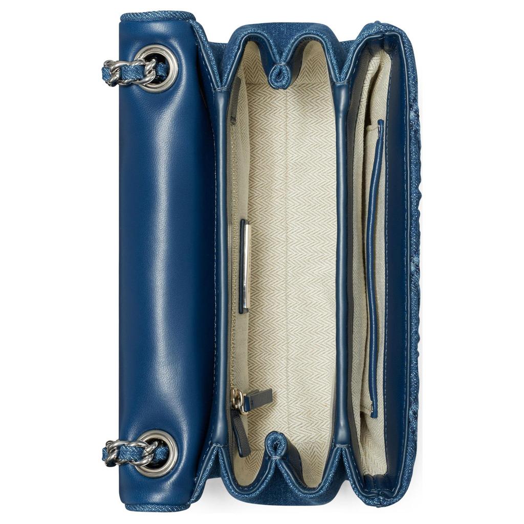Tory Burch Fleming Diamond Pleated Embossed Double T Logo Fabric Crossbody Shoulder Bag Small Women Bags Denim-Blue 154739-426