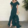 Women Evening Dress Ruffle Patchwork V Neck Slim Fit Irregular Hem Sleeveless