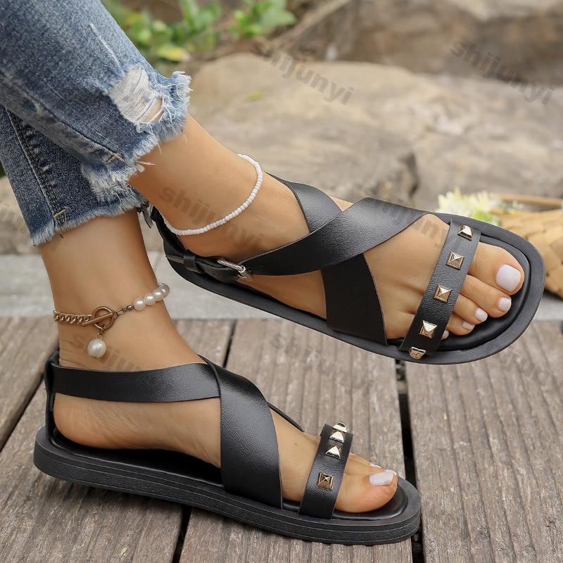 Fashion Women Flat Buckle Sandals Summer New Fashion Light Non Slip Flat Rivet Sandals Woman Comfort Soft Sole Casual Shoes Plus Size 42