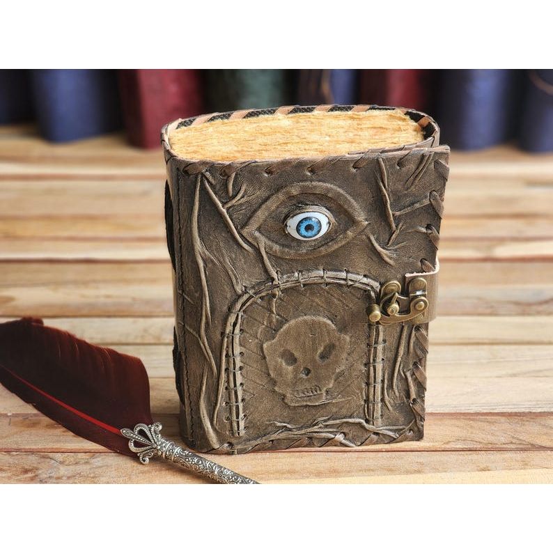 Gothic Spellbook Journal with Skull & Eye Design | 200 Page Fantasy Leather Notebook | Dark Aesthetic Grimoire with Lock, Book of Shadows