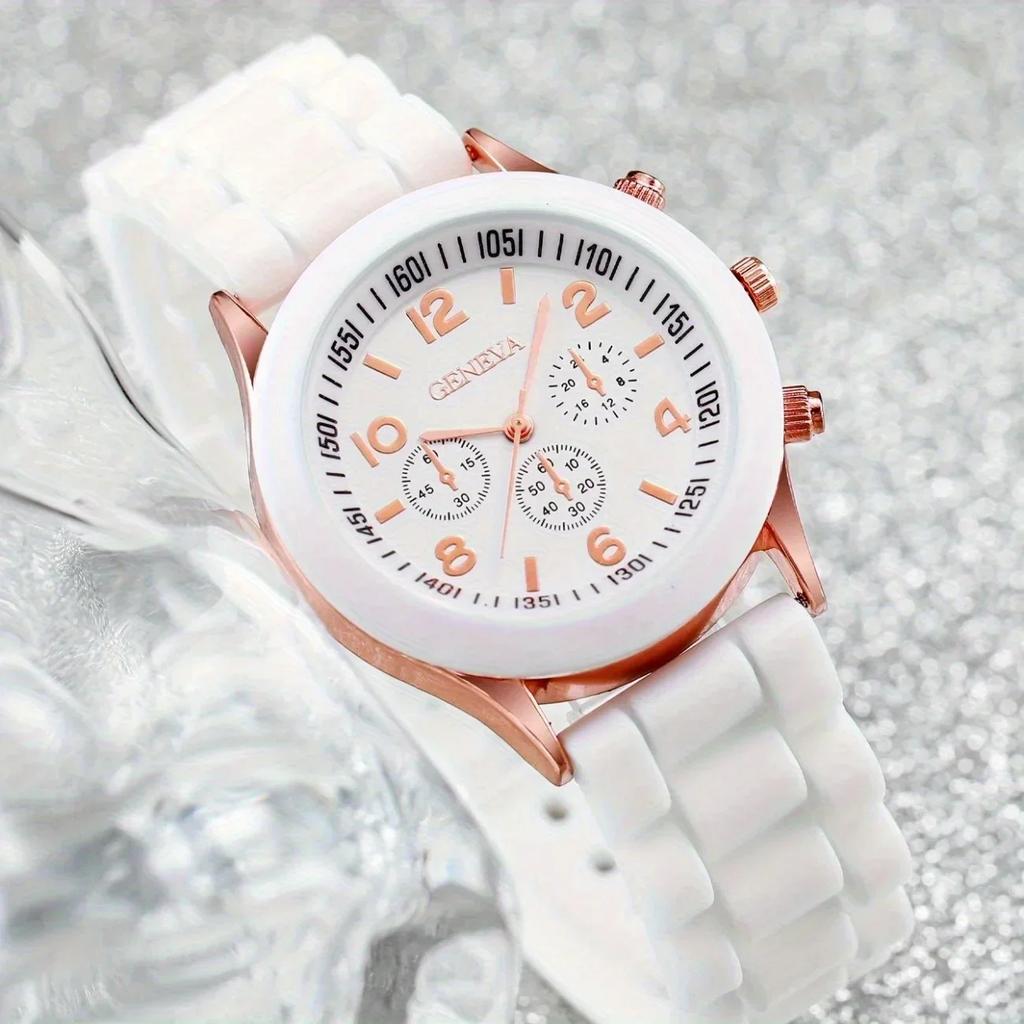 2pcs-Women's Watches Casual Silicone Band Analog Quartz Watch Heart Pearls Jewelry Set(Without Box)