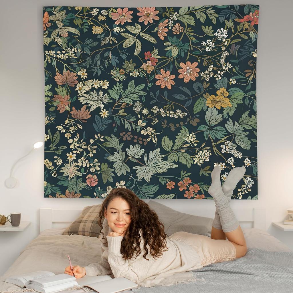 Dark Green Floral Botanical Tapestry Wall Hanging,Cottage Core Decor,Nature Rustic Cottagecore Flower Plants Wall Blanket Decor