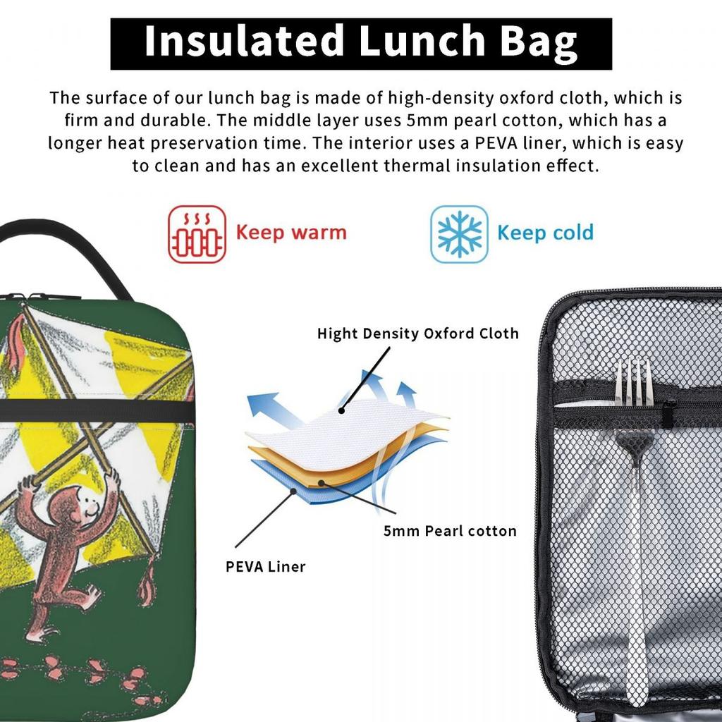 Isolierte Lunchtasche mit Curious George und Blumenmuster für Damen Kinder Tragbare Lebensmittelboxen Thermische Lunchbox Tragetasche