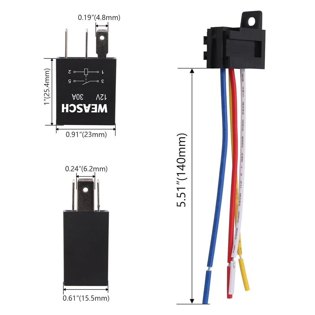 5 Pack Heavy Duty Standard Relay, 12V 30A, SPST 4Pin, with Wire Socket Plug Harness, Multi-Purpose Replacement Automotive Relay (5)