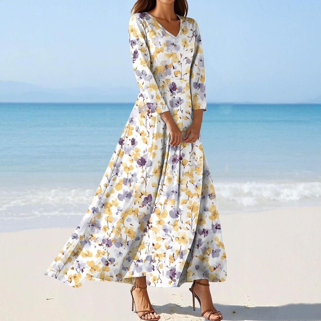 Women's Fashion V-Neck Floating Beach Dresses Seven Sleeve Floral Printed Dresses