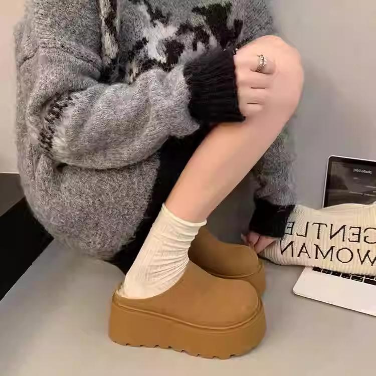 Muffin Thick-Bottomed Bag Head Half Slippers For Women To Wear Autumn Retro Leather Versatile Small Height-Increasing Hair Slippers