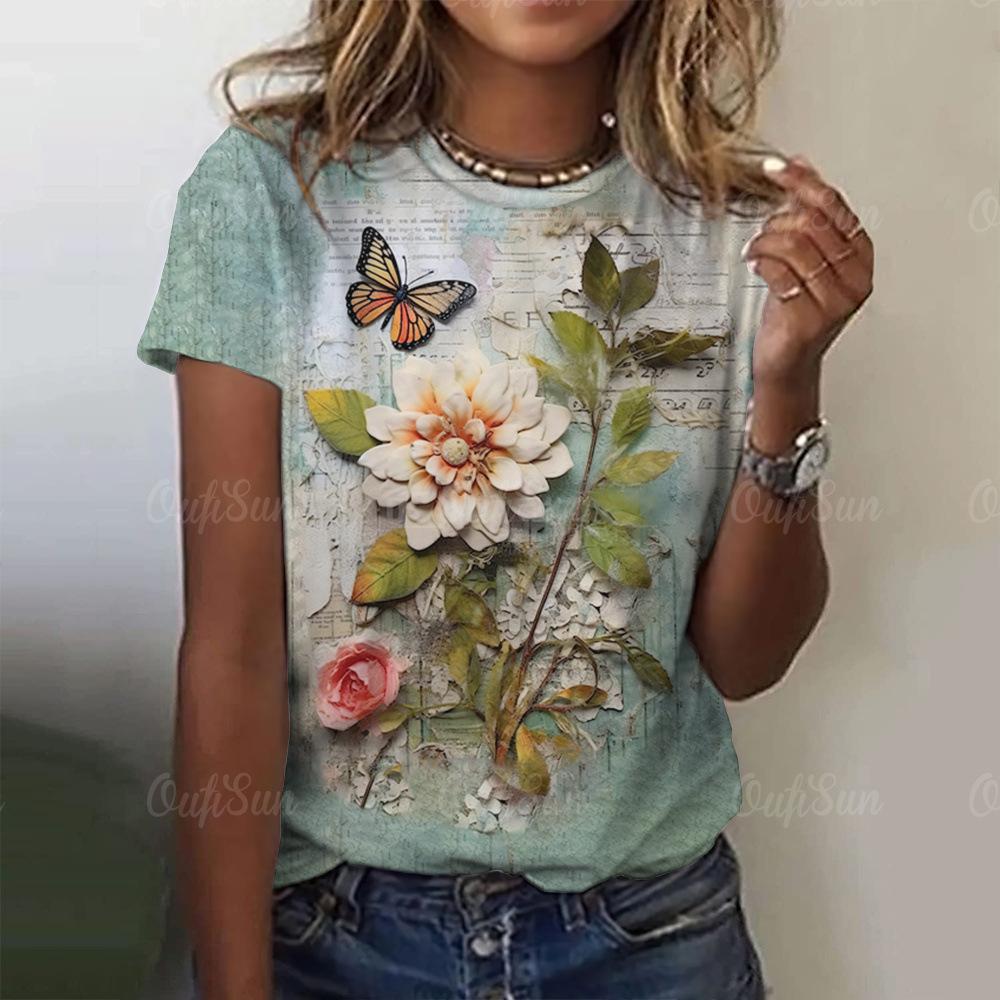 Summer Women's Rose Y2K Pattern Short Sleeve Summer Crew Retro T-shirt