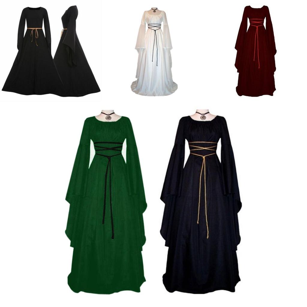 Exquisites Damen Vintage Mittelalterkleid mit atemberaubenden langen Glockenärmeln und unregelmäßigem Design