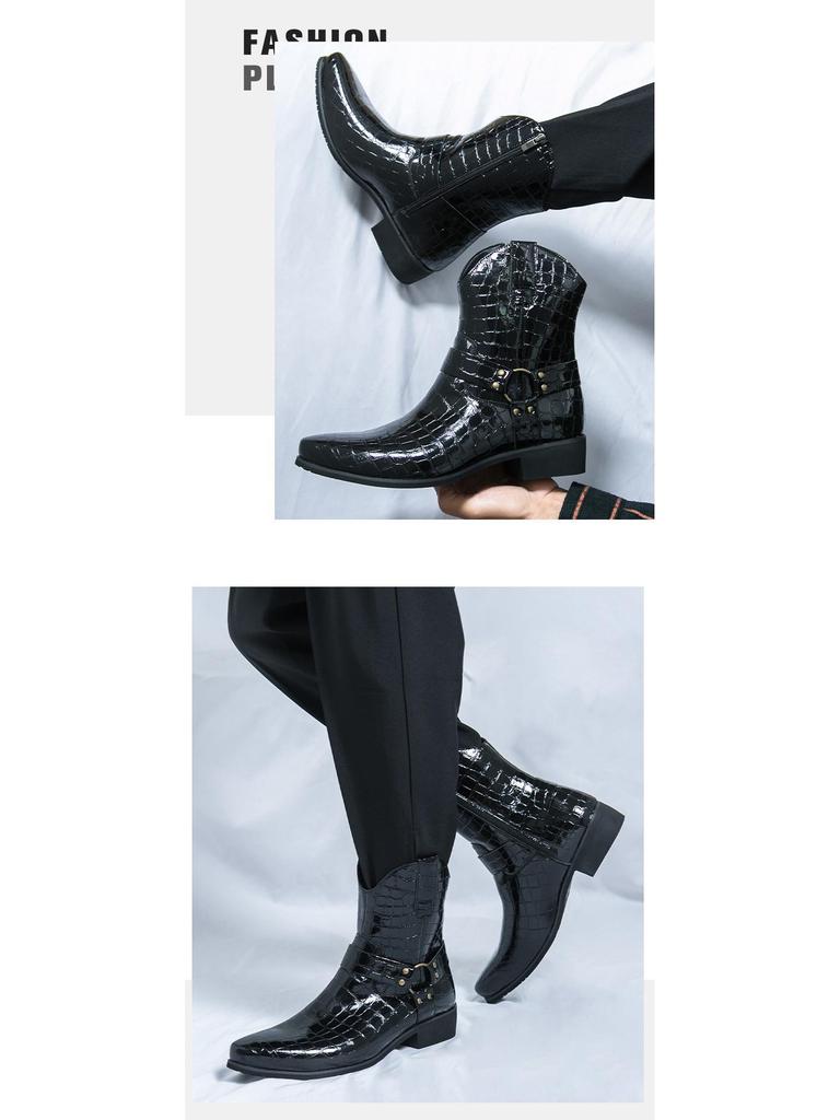 Men's High-Top Retro Embossed Leather Boots with Side Zipper - Plus Size Autumn/Winter British Martin Style.