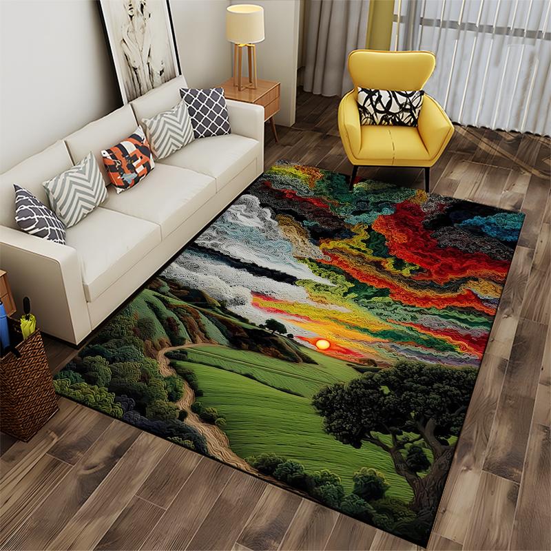 Colorful Landscape Carpet with Sunset, Fields, Pathway, and Trees Suitable for use as an anti-slip for living room bedroom sofas