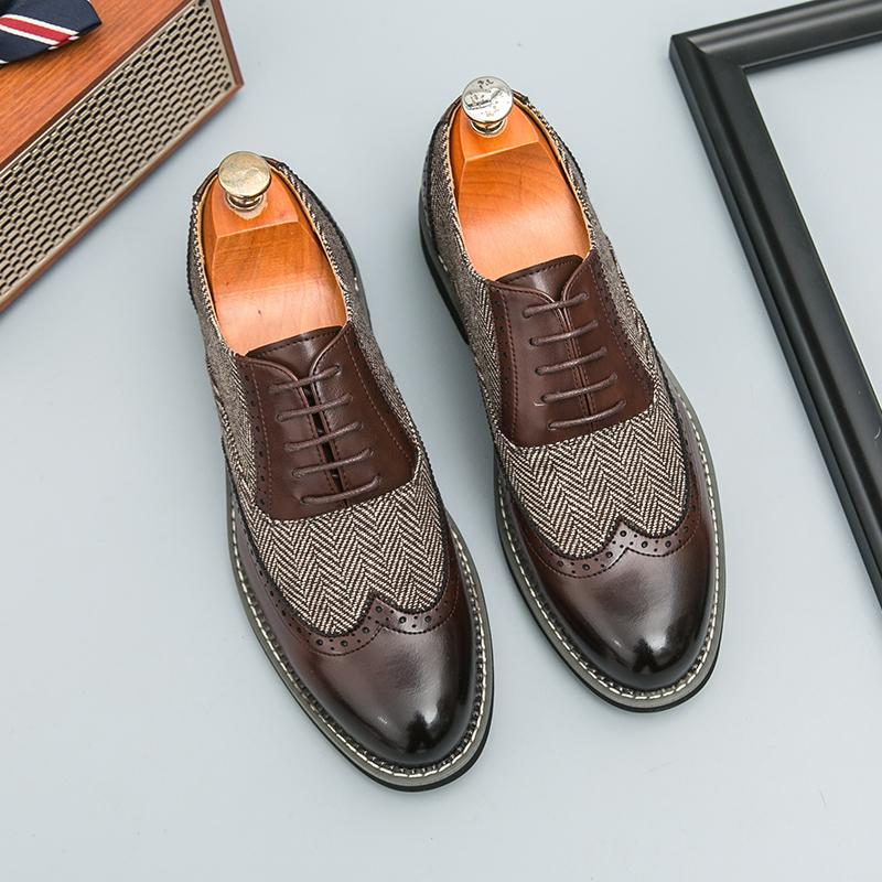 Fashion Brand New Men Comfortable Pointed Carving Leather Shoes Spring Fashion Versatile Business Lace Block Color Blocked Leather Shoes