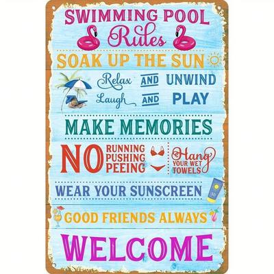 Bunte Metallplakette mit Poolregeln, Vintage "Retro Poolside Fun & Safety" Dekoration, Akzent für die Heimkunst von Poolliebhabern & Freizeitfans