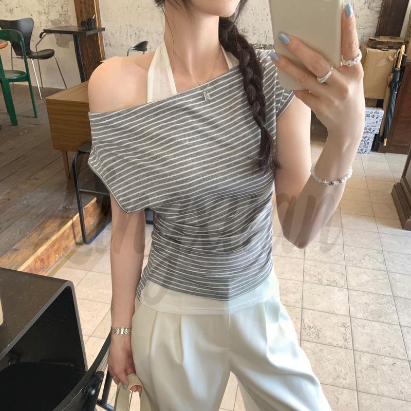 

2026 New Arrival: Women s One-Shoulder Striped Halter T-shirt with Cinched Waist – Trendy Summer Style Small
