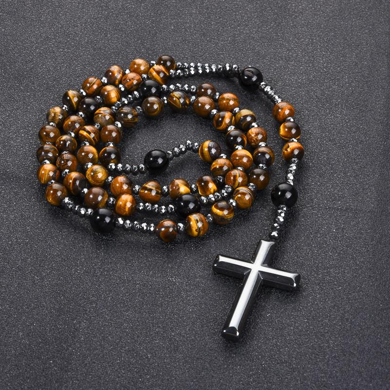 Collana di Perle Occhio di Tigre Nero con Ciondolo a Croce Fatta a Mano per Uomo e Donna