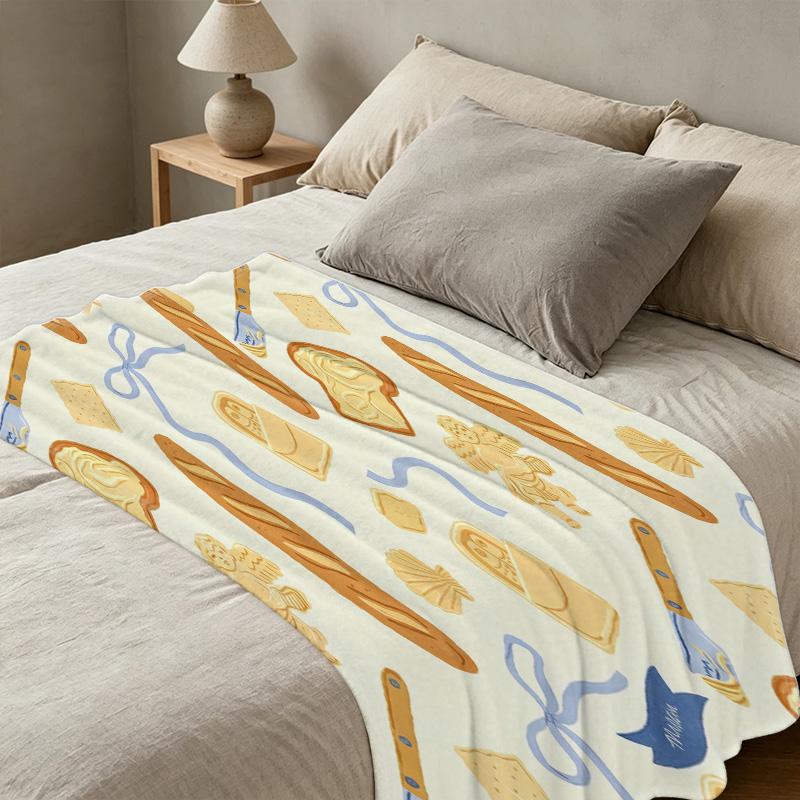 Bread-Themed Hemmed Flannel Blanket: Soft Cozy Warm Throw, Skin-Friendly Blanket for Home & Couch, Christmas & Halloween Use