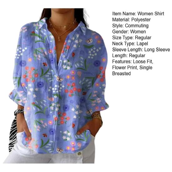 Women Shirt Lapel Long Sleeve Buttons Placket Shirt Tops Flower Pattern Regular Fit Casual Shirt Work Daily Life Parties Shirt