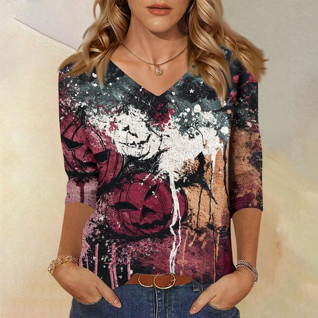 Women's Casual Halloween Print V Neck Top 3/4 Sleeve Lightweight Blouse for Fall Seasonal Wear Comfortable Fit