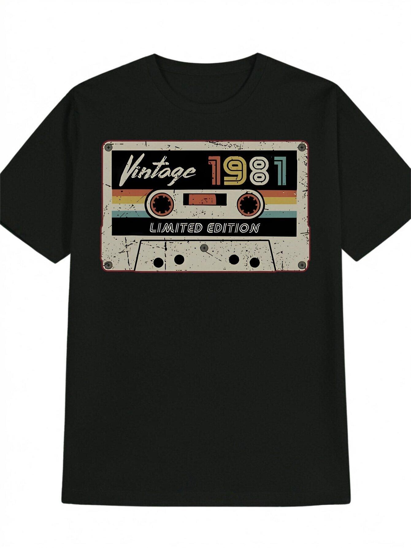 

Men S Casual Round Neck T-Shirt with Vintage 1981 Cassette Tape Graphic Print - Black Summer Tee S